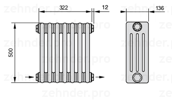 Схема (чертеж) Радиатор Zehnder Charleston 4050/7 №2670 Белый глянцевый RAL 9016